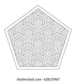 Pattern in style zentangle. Ornament for coloring books, design, printing and others. Black and white geometric drawing of intertwining hexagons in a pentagon. Vector illustration EPS-10.