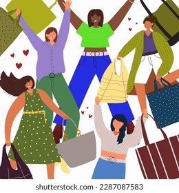 Pattern with Stylish happy women enjoy shopping. They carrie shopping bags and jump. The concept of discounts and purchases. Flat vector design.