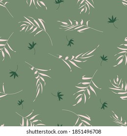 Patrón con ramas de plantas elegantes y hojas sobre un fondo verde. Ilustración vectorial. Para textiles, prendas de vestir, ropa de cama, impresión.