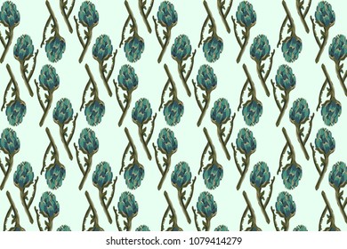 Pattern stylized artichokes on a light blue background