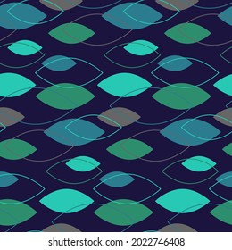 Pattern with stylized blue and green ovals. Horizontal pattern with lines. Bright print for use in textiles, covers and prints, packaging, leaflets and flyers, shops. Vector illustration on a blue