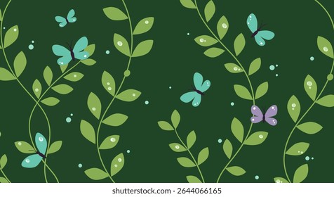 A pattern of stylized butterflies in teal and purple, interspersed with green leafy vines and small dots, all set against a dark green backdrop.