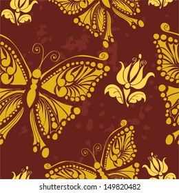 pattern with stylized butterfly and flower buds