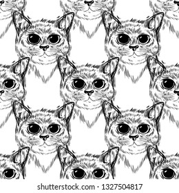 Pattern stylized cat with beautiful cute eyes. Kawaii. Template for cards and any printing products, printing on clothing. Vector illustration.