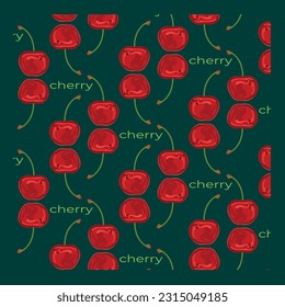 Pattern of stylized cherries with leaves and slices. Green, red colors. Composition on a dark background.
