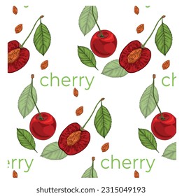Pattern of stylized cherries with leaves and slices. Green, red colors. Composition on a white background.