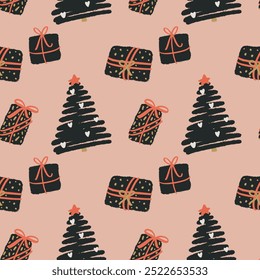 Pattern with stylized christmas trees and hand-drawn presents. Seamless vector pattern. New Year illustration.