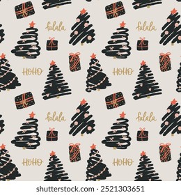 Pattern with stylized christmas trees and hand-lettered elements. Seamless vector pattern. New Year illustration.