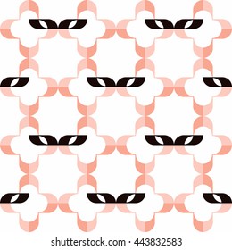 Pattern of stylized domino masks and quatrefoils on white background. Seamless repeat.