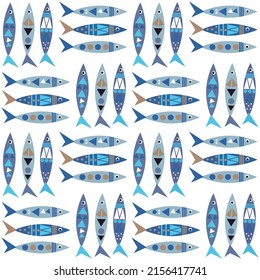 Pattern with stylized fish. Vector illustration isolated on white background. For packaging, baby products, prints and clothing, holidays, flyers and brochures, various designs.