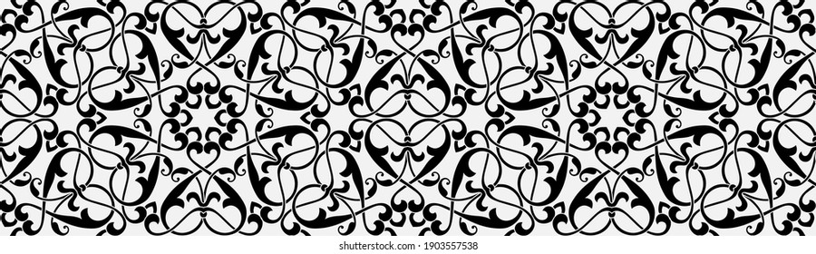 Pattern with stylized floral branches, flovwers and leaves on light background. Trendy seamless design for textile, fabric and wrapping in Arabic style. Monochrome vector Seamless ornament.