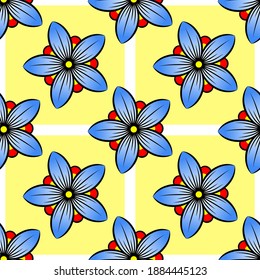 Patrón con una flor estilizada.
Textura floral sin fisuras. Flor azul en un fondo amarillo. Ilustración vectorial.
