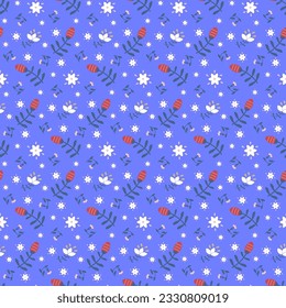 Pattern with stylized flowers and berries in folk style. Floral decor. Ethnic style. Ornamental plants from leaves and berries. Vector. For fabric, clothes, home decor, covers and brochures.