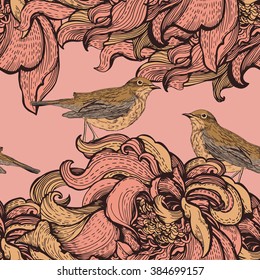 Pattern with stylized flowers and birds. Hand drawing. Seamless for fabric design, gift wrapping paper and printing and web projects.