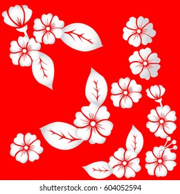 Pattern of stylized flowers and leaves of bright blossoms on a bright red background.