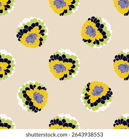 Un patrón de flores estilizadas sobre un fondo beige. Las flores son redondeadas y consisten en capas multicolores, incluyendo amarillo, negro, verde, blanco y lila. 