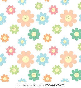 Pattern of stylized flowers in pastel colors, featuring pink, blue, and green petals.