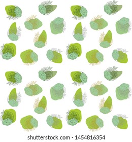 Pattern with stylized garnet fruits with green spots on white background. Beautiful simple line sketch with garnets. The elegant design is good for seasonal and other prints and decorations