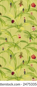 Pattern of stylized green wheatgrass or reeds with colorful wildflowers on a light green background. 