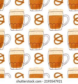 Seamlesы pattern with stylized  illustration mug of beer and Pretzel snack on white background