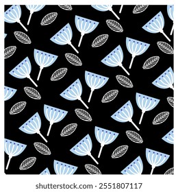 pattern stylized light blue flowers and white leaves on black background