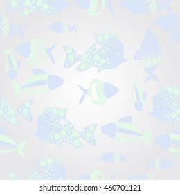   pattern of  stylized  motif, doodles,  spot,fishes,ellipses, zigzag . Hand drawn.