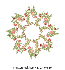 Pattern with stylized ornamental flowers in retro, vintage style. Jacobean embroidery. Colored vector illustration In pink, green, red colors