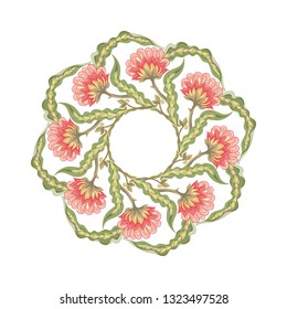Pattern with stylized ornamental flowers in retro, vintage style. Jacobean embroidery. Colored vector illustration In pink, green, red colors