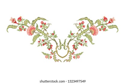 Pattern with stylized ornamental flowers in retro, vintage style. Jacobean embroidery. Colored vector illustration In pink, green, red colors