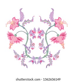 Pattern with stylized ornamental flowers in retro, vintage style. Jacobin embroidery. Colored vector illustration In pink, blue, ultraviolet colors