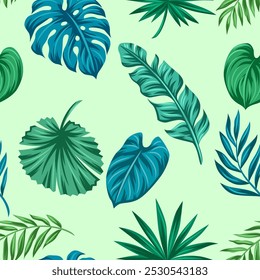 Pattern with stylized palm leaves. Decorative image of tropical foliage and plants.