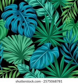 Pattern with stylized palm leaves. Decorative image of tropical foliage and plants.