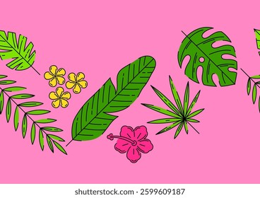 Pattern with stylized palm leaves. Decorative image of tropical foliage and plants.