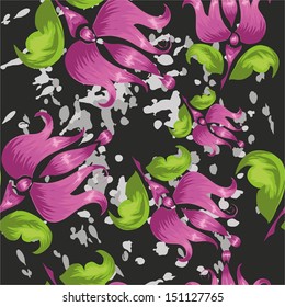 pattern with stylized pink flower on a black background