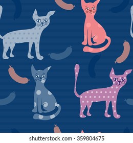 Pattern with stylized polka-dotted funny cats and sausages. Blue striped background.