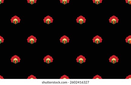 pattern of stylized red floral or feather-like motifs with yellow accents, evenly spaced on a black background, for textile, wallpaper, gift wrapping.