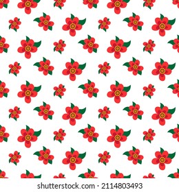 A pattern of stylized red flowers. Floral drawing. Vector illustration isolated on white background. For textiles, brochures, flyers, scrapbooking, packaging, prints, flower and gift shops, home decor