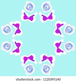 pattern of stylized rosy,bow, halftone, dashed lines, tags. Hand drawn.