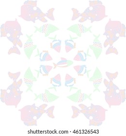 Pattern of  stylized  sea motif, doodles,  spot,fishes,ellipses, zigzag . Hand drawn.