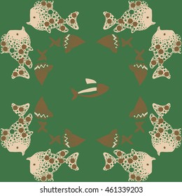 Pattern of  stylized  sea motif, doodles,  spot,fishes,ellipses, zigzag . Hand drawn.