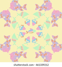 Pattern of  stylized  sea motif, doodles,  spot,fishes,ellipses, zigzag . Hand drawn.