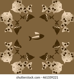 Pattern of  stylized  sea motif, doodles,  spot,fishes,ellipses, zigzag . Hand drawn.