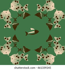 Pattern of  stylized  sea motif, doodles,  spot,fishes,ellipses, zigzag . Hand drawn.