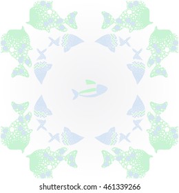 Pattern of  stylized  sea motif, doodles,  spot,fishes,ellipses, zigzag . Hand drawn.