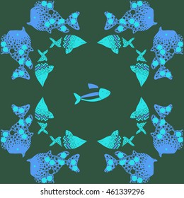 Pattern of  stylized  sea motif, doodles,  spot,fishes,ellipses, zigzag . Hand drawn.