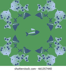 Pattern of  stylized  sea motif, doodles,  spot,fishes,ellipses, zigzag . Hand drawn.