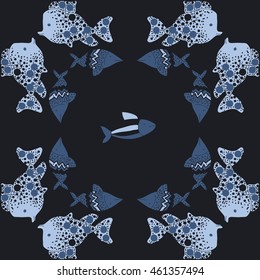 Pattern of  stylized  sea motif, doodles,  spot,fishes,ellipses, zigzag . Hand drawn.