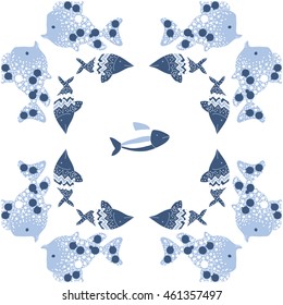 Pattern of  stylized  sea motif, doodles,  spot,fishes,ellipses, zigzag . Hand drawn.