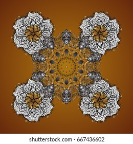 Pattern of stylized snowflakes and dots on brown background. Vector abstract design.