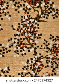 A pattern of stylized tree branches with black, white, and red berries on a tan, woven-like background, evoking traditional east asian aesthetics.